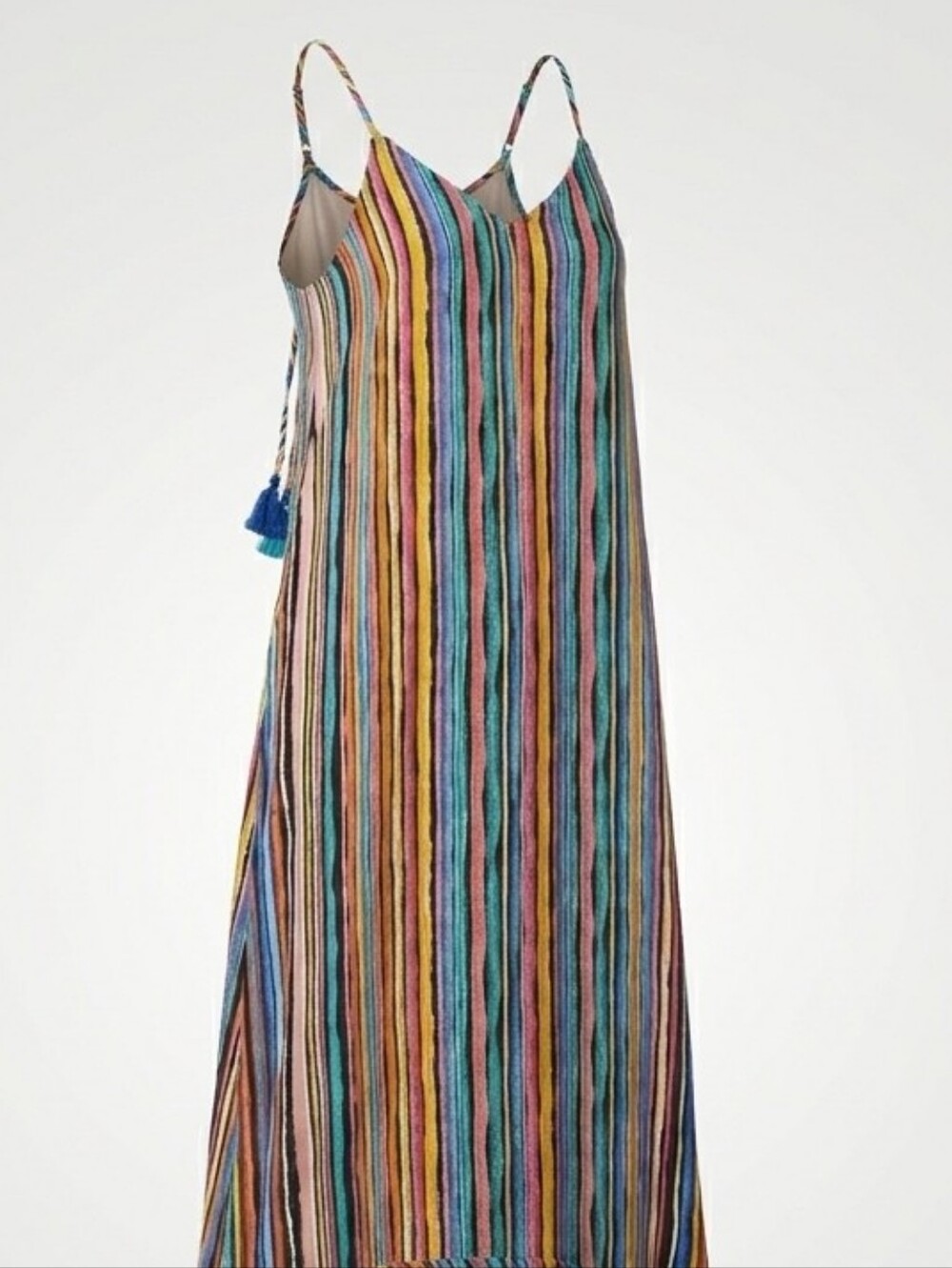 Eyeshadow Rainbow Stripe Spaghetti Strap Maxi Rayon Dress Pockets Tassles Sz S
